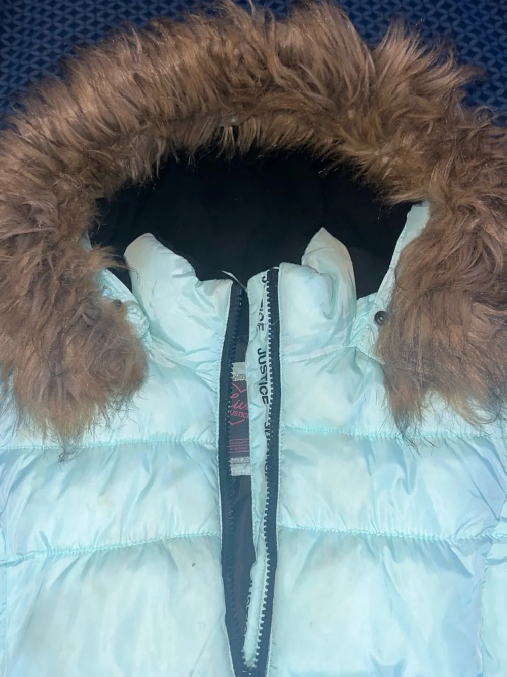 Justice Light Blue Puffer Jacket with Brown Faux Fur Trim Hood